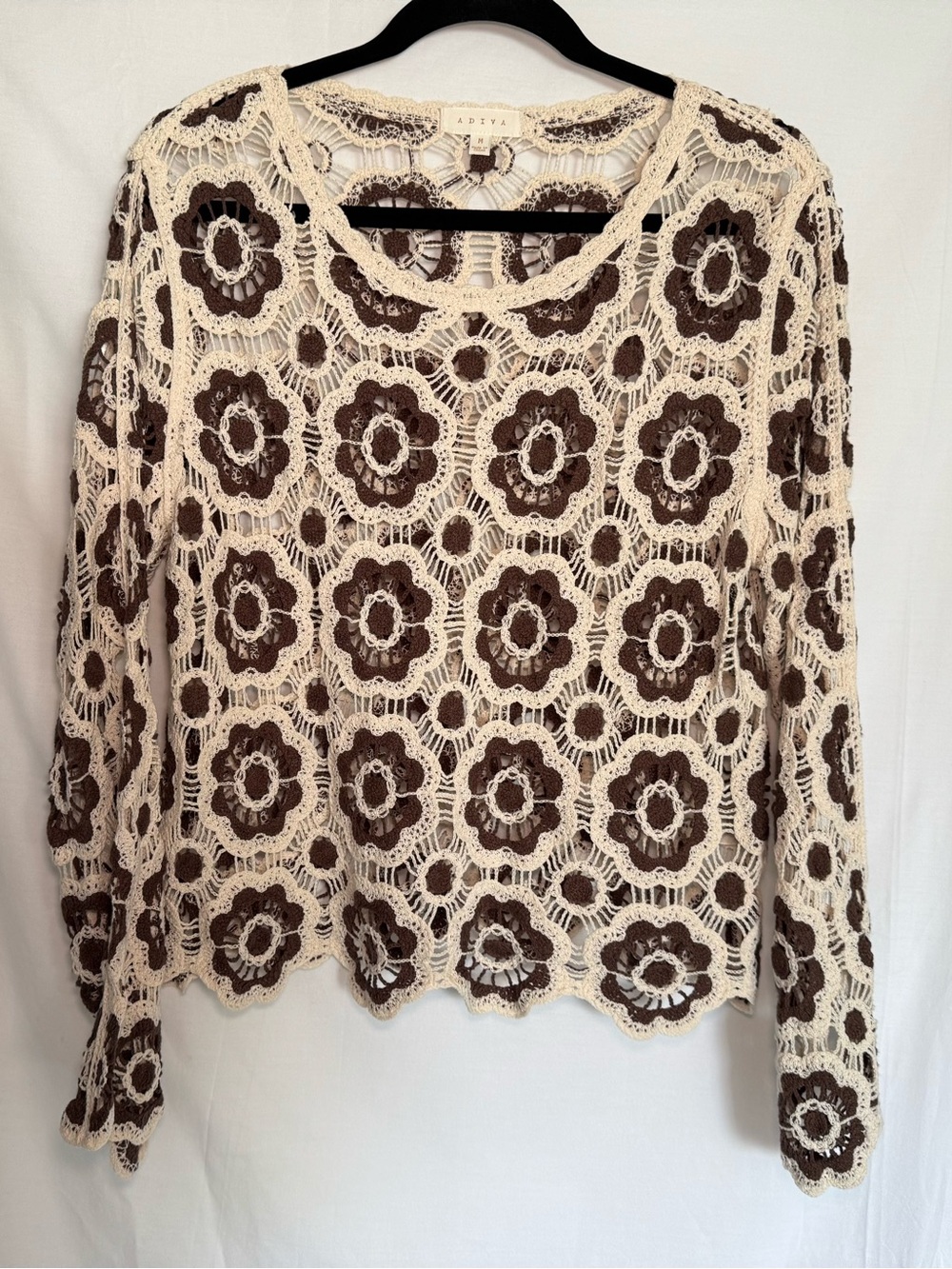 Boho Cottagecore Brown Cream Flower Medallion Crochet Sweater Size M